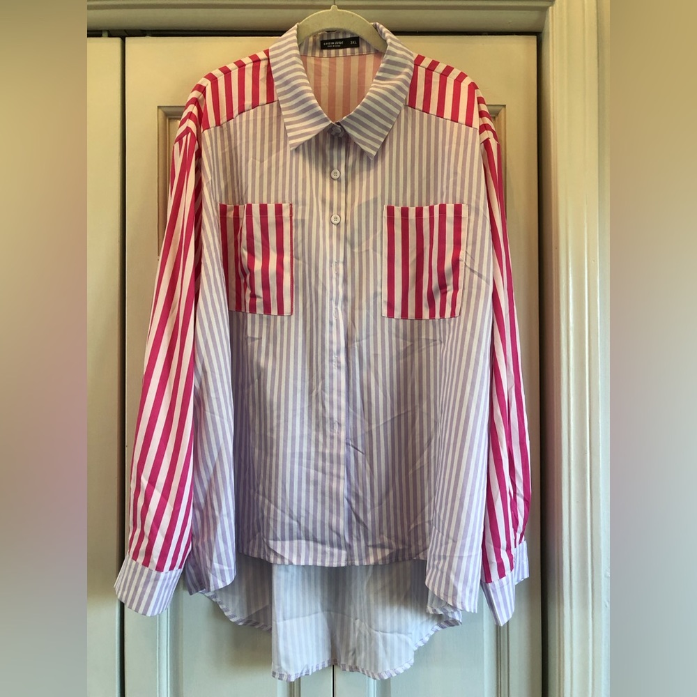 Shein, 3XL, pink & purple striped button up high low blouse